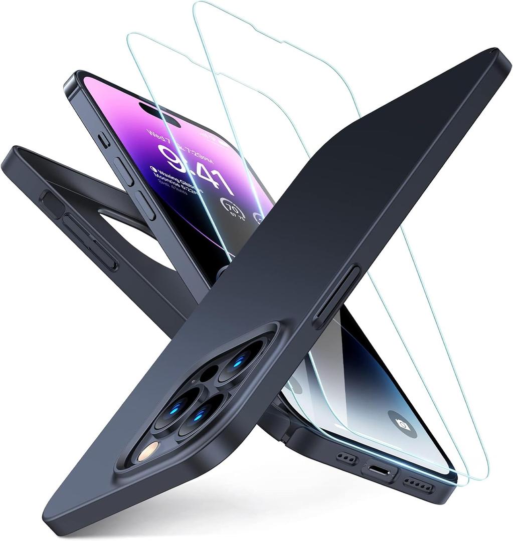 TORRAS Slim Yet Shockproof for iPhone 14 Pro Max Phone Case with 2X Tempered Screen Protectors, [Mil-Grade Drop Tested] Thinner Yet Tougher Protective iPhone 14 Pro Max Case 6.7 inch, Matte Black