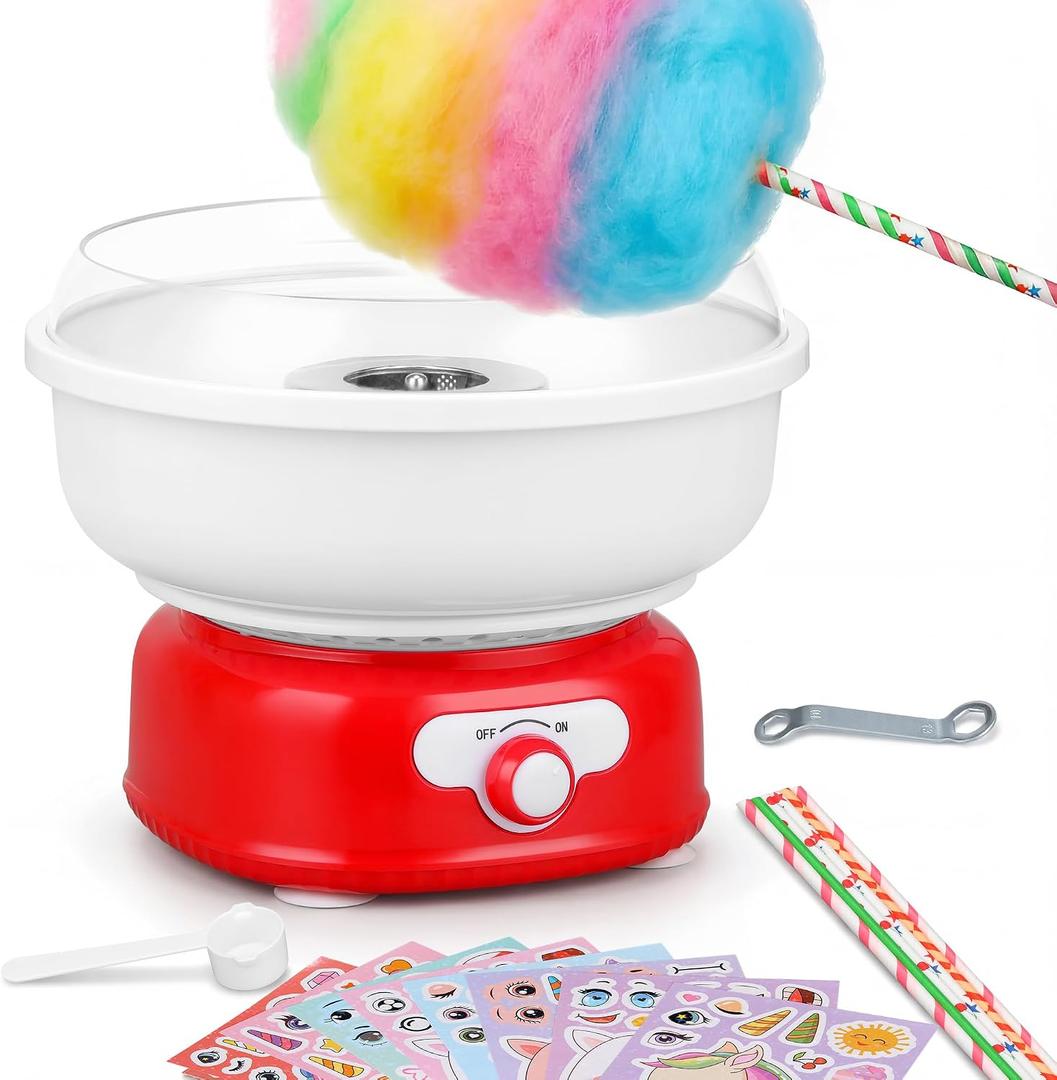 Cotton Candy Machine,Cotto Candy Maker for Kids with Cartoon DIY Stickers,6 Paper Cones & Sugar Scoop,Homemade Candy Machine for Birthday,Party Gatherings,Christmas Halloween Gift,Red