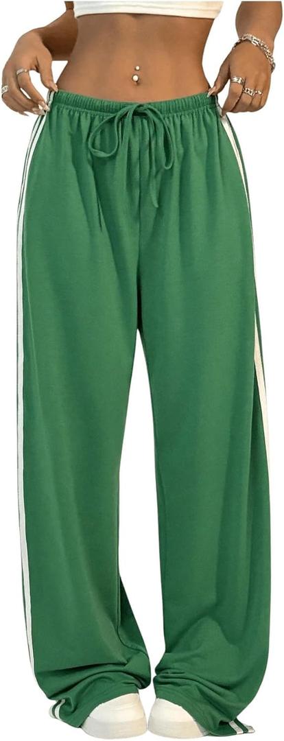 Women's Y2K Baggy Sweatpants Wide Leg Track Pants Striped Low Rise Drawstring Pant Joggers Streetwear (Large, Light Green)