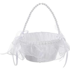 Wedding Flower Girl Basket with Pearl Handle,Satin Flower Storage Basket for Wedding Home Garden Decor (5884, 1)