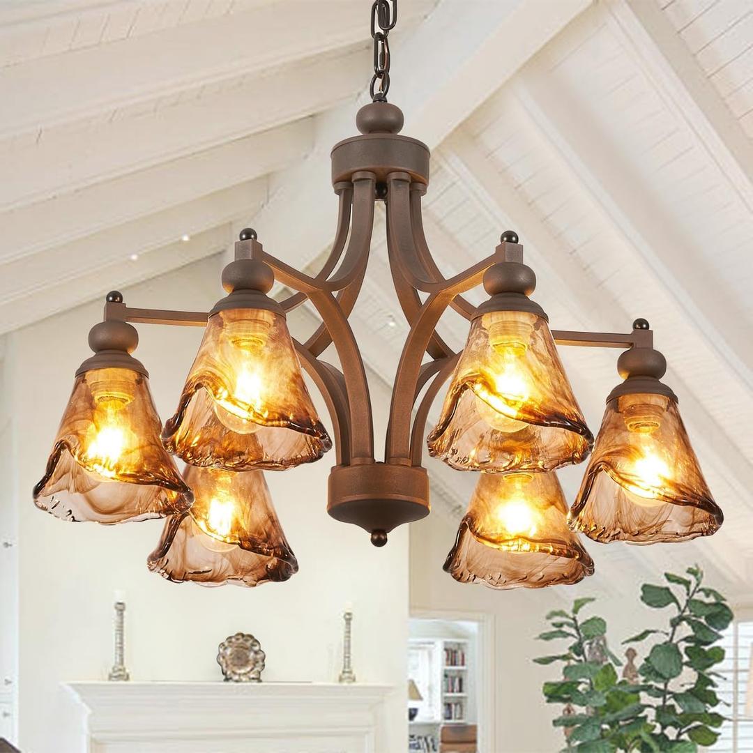 Vintage Farmhouse Chandelier, 27 Inch Adjustable Amber Glass Rust-Finish Metal Pendant Light Fixture for Living Room, Bedroom, Dining Room, Kitchen Lighting (6-Light)