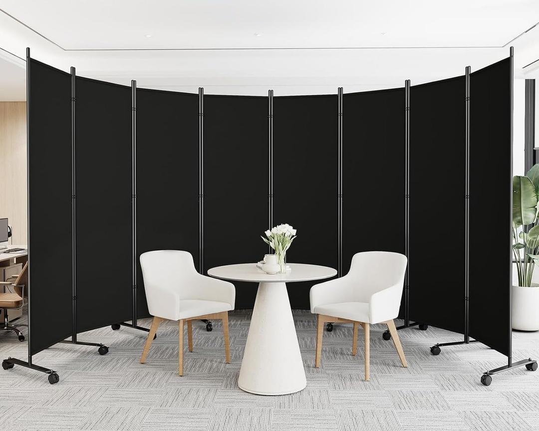 SUNALLY Room Divider 6FT Folding Privacy Screens with Lockable Wheels, 8 Panel Room Partition for Room Separator, 176" W Freestanding Portable Fabric Wall Dividers for Home Dorm Studio Office, Black