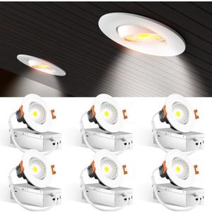 Amico 3 Inch 6 Pack 5CCT Eyeball LED Recessed Lighting, 360 Adjustable Rotation Gimbal Directional Downlight, Dimmable, 2700K/3000K/3500K/4000K/5000K Selectable, 8W 600LM CRI90+, White, ETL&FCC