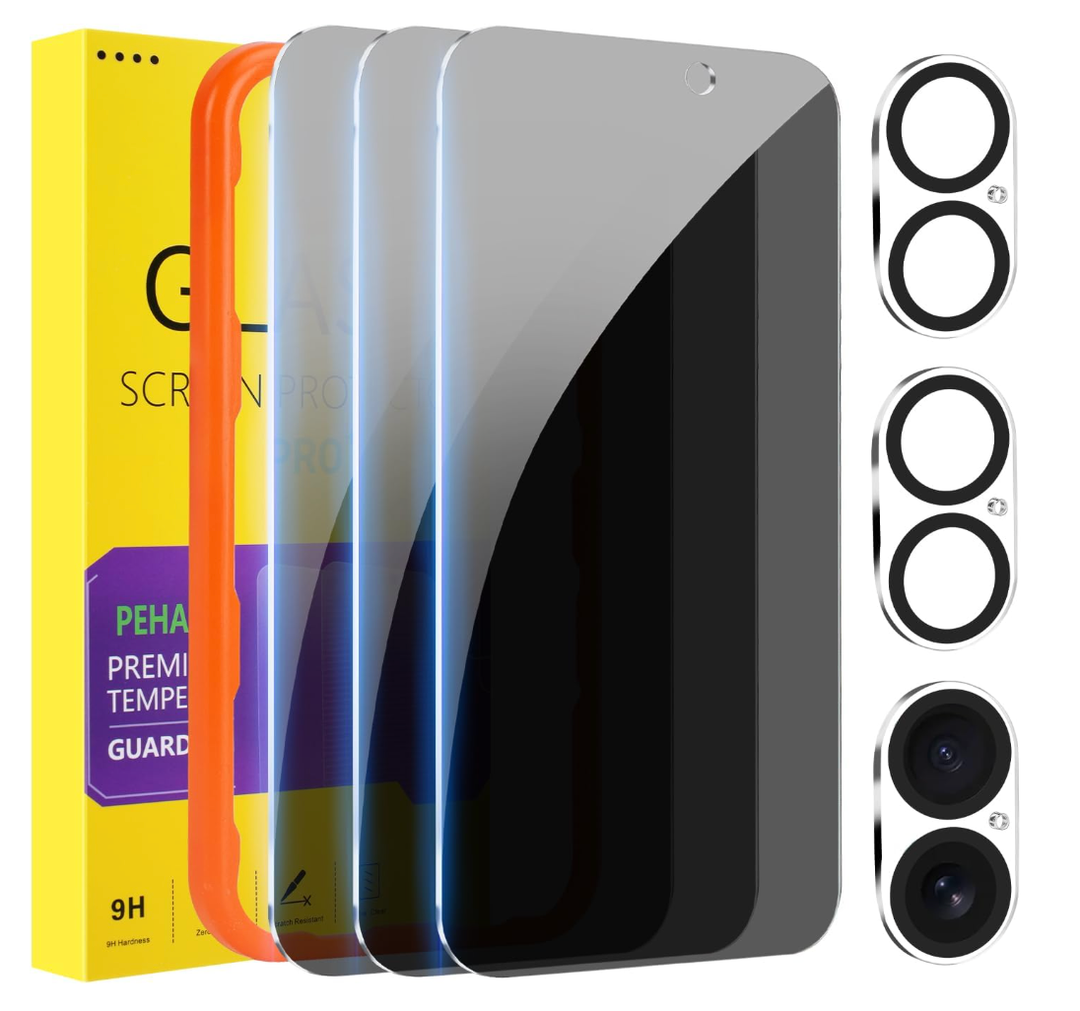 PEHAEL 3+3 Pack for iPhone 16 Privacy Screen Protector with Camera Lens Protector Full Coverage AntiSpy Tempered Glass Film 9H Hardness Easy Installation Bubble Free [6.1 inch]