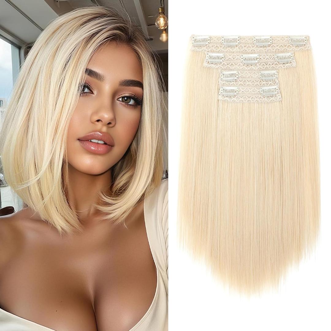 NTYNTY Hair Extensions, 10" Short Clip in Hair Extensions 4PCS Straight Natural Soft Synthetic Hairpiece for Women- Golden Blonde with Highlights