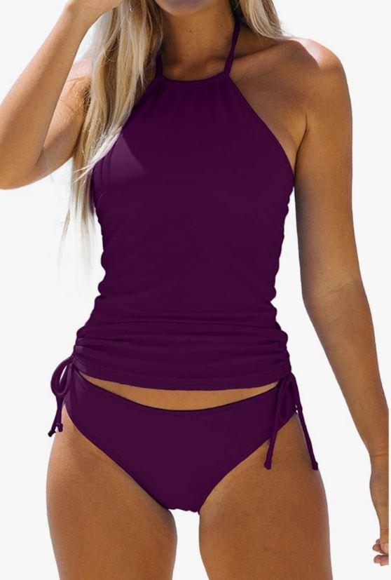 Women's Bathing Suit Solid Color Drawstring Side Halter Neck Tankini Set, Solid Purple  M