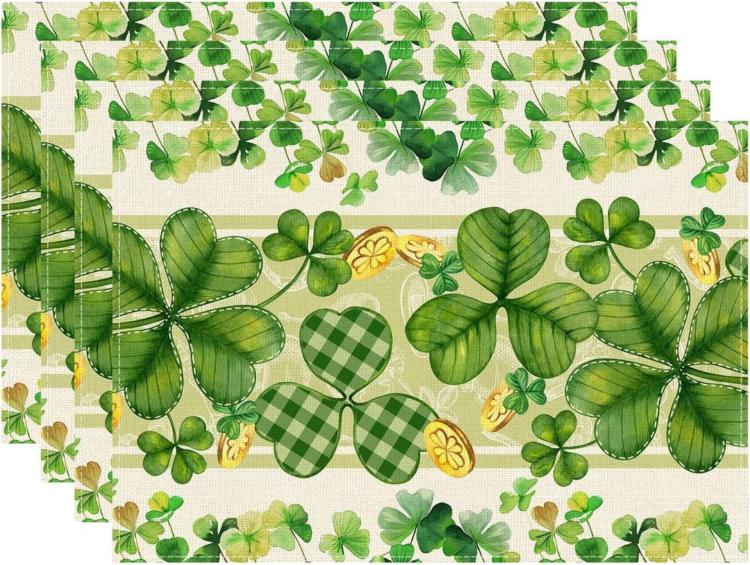 XCHI Green Shamrocks Clovers Coins St. Patrick's Day Placemats Set of 4 Table Mats for Party Home Kitchen Dining Table Decorations 12x18 Inch