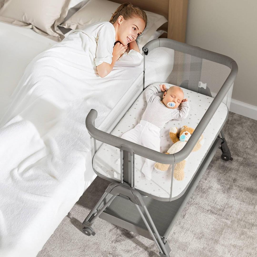 Fodoss Bedside Bassinet for Baby with Wheels, All Mesh Bedside Crib with Storage Basket, Hight Adjustable and Easy Assembly