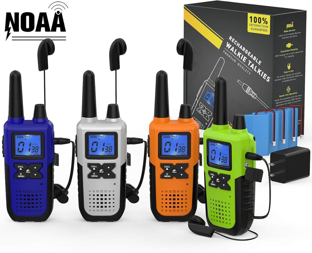 Walkie Talkies Long Range for Adults Rechargeable with Earpiece NOAA Weather Alert, Multi-purpose 2 Way Radio 4 Pack for Team Work Senior Care Kid Adventure Family Camping Hiking Skiing Cruise (Blue Green Orange Silver)