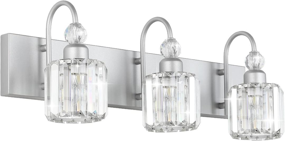 Ralbay Crystal Vanity Light - 3 Light, 24'' Modern Silver Bathroom Vanity Light Fixtures Over Mirror Wall Lights, Round-Silver