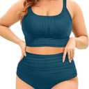 Plus Size Two Piece Swimsuit - Women Ribbed High Waisted Bikini Sets Teal Tummy Control Bathing Suits 2025 Swimwear 18W