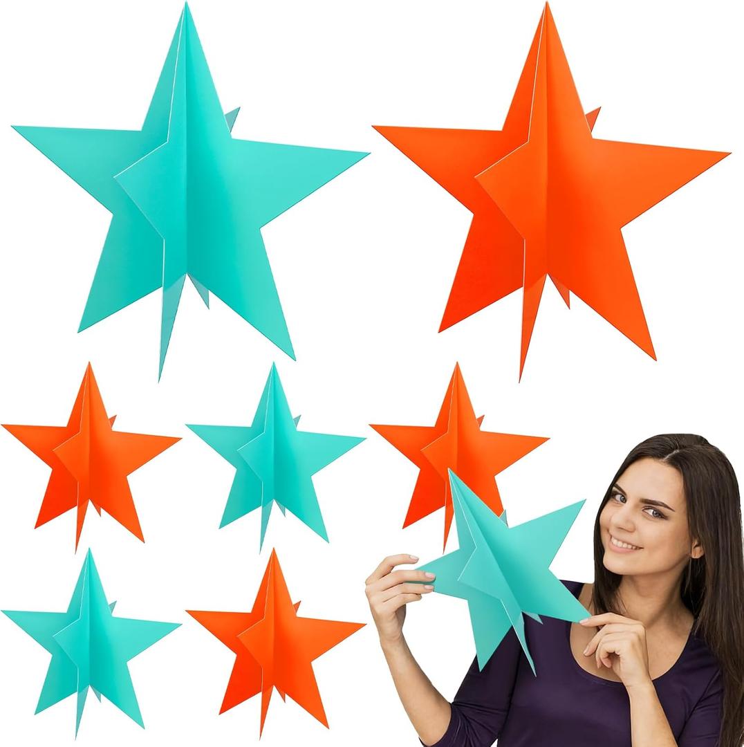 Sinload 18 Pcs Orange and Teal Large Star Centerpieces for Movie Night Party Decor 12inch Table Decor Cutouts 3D Paper Star for the Life of a Birthday Girl Party Supply Film Show Theme Birthday Decors