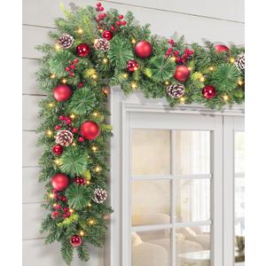 Pre-lit Christmas Garland 9FT with 100 Warm Lights, Battery Operated Xmas Garland with Pine Cedar Cones & Red Metal Ball, Christmas Decoration for Mantle Fireplace Stair Railing Porch (Berry Gold Mix)