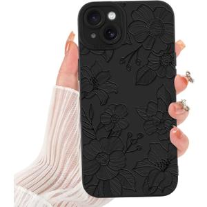 Case for iPhone 14 Plus Cute Flowers for Women Girls Floral Pattern Soft Slim Shockproof TPU Protective Cover,Anti-Scratch Lightweight Durable Design,Black