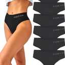 FINETOO 6 Pack High Waisted Thongs for Women, Nylon Spandex Panties Breathable Soft Stretchy Underwear High Rise L Black