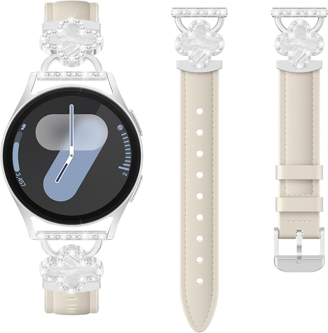Leather Band for Samsung Galaxy Watch 7/6/5/4/ FE Band 40mm 44mm Women, Bling Leaf Clover Slim Watch Band Replacement Strap for Galaxy Watch 4/6 Classic/5 Pro/Active 2