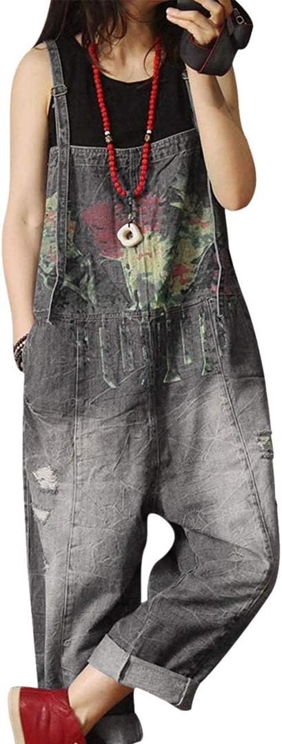 YESNO P60 Women Jeans Cropped Pants Overalls Jumpsuits Hand Painted Poled Distressed Casual Loose Fit (Small)