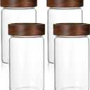 26 oz/850 ml Clear Glass Storage Canister with Airtight Wooden Lid, Small Overnight Oats Containers, Cute Decorative Salad Jar for Snacks Yogurt Spice Sugar Cereal Fruit Coffee Tea -4 Pack