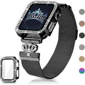 Magnetic Band Compatible with Apple Watch 38mm 40mm 41mm 42mm 44mm 45mm 46mm Stainless Steel Metal Strap with Bling Case and Built-in Screen Protector, Dressy Milanese Loop iWatch Bands for Women (Black) Size: 41MM for Series 9/8/7