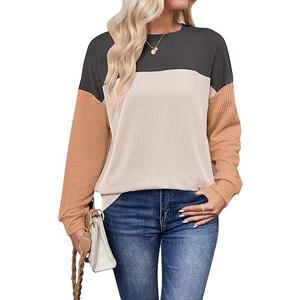 OBEEII Womens Long Sleeve Color Block Shirts 2024 Fall Casual Crewneck Lightweight Sweater Ribbed Knit Loose Pullover Top XXL