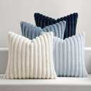 MIULEE Faux Fur Plush Decorative Throw Pillow Covers 18x18 Set of 4, Spring Modern Soft Fuzzy Coastal Striped Cushion Covers for Sofa Couch Bed Living Room Cozy Home Decor,Navy Blue