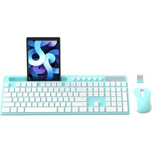 Wireless Keyboard and Mouse Combo, MARVO 2.4G Ergonomic Wireless Computer Keyboard with Phone Tablet Holder, Silent Mouse with 6 Button, Compatible with MacBook, Windows (Blue)