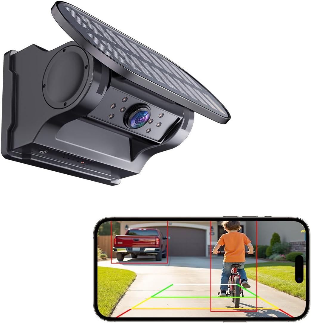 WiFi Magnetic Solar Wireless Backup Camera, 10000mAh Rechargeable 1080P Rear View Camera for Truck RV Trailer Car, DVR Recording Night Vision, IP68 Waterproof, Easy Installation