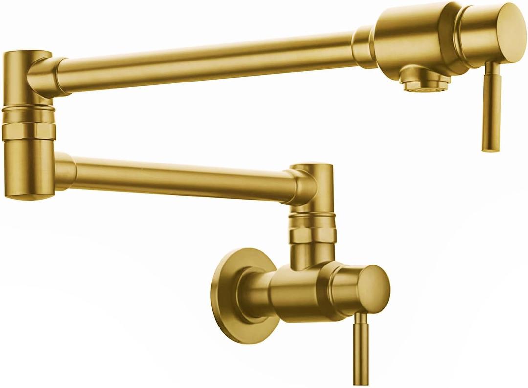 Wall Mount Spout Cold Water Only Double Lever Handle Brushed Brass Kitchen Sink Faucet Stove, Pot Filler Faucet with Dual Joint Swing Armk Sink Faucet, Brushed Old Gold-PVD