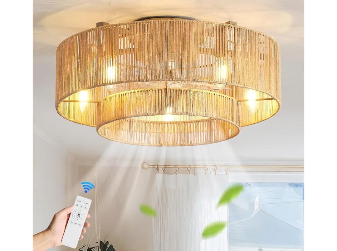 20 Inch Boho Caged Ceiling Fans with Lights Flush Mount, Layered Rattan Ceiling Fan with Light Remote Control with Reversible 6 Speeds for Bedroom, Nursery, Living Room, E12 Base, Indoor