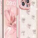 FABSPARK Case for iPhone 15 Pro Max,3D Silvery Ribbon Bow,Crystal Clear Glitter Diamond Rhinestone Sequin Shiny Sparkly Bling,Aesthetic Transparent Soft for iPhone 15 Pro Max Case - Pink/Silver Bow