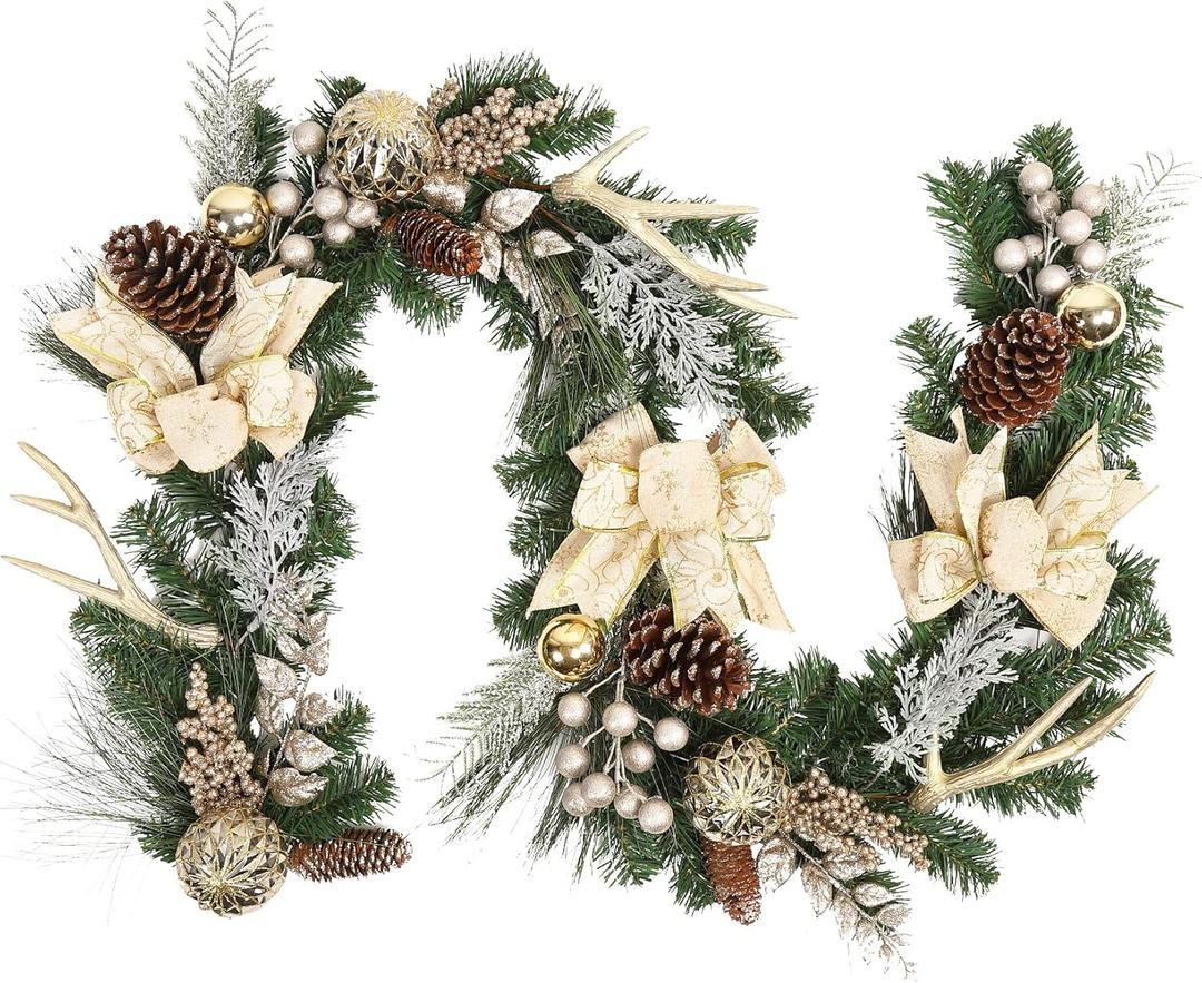 Adeeing Christmas Garland with Lights, Champagne Gold 6FT 20LED Pre-Lit Christmas Garland with Ball Ornaments, Ribbons, Pine Cones and Artificial Antlers for Door Mantle Stairs Christmas Decoration