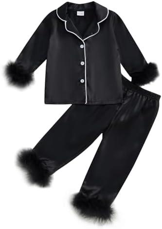Toddler Girl Satin Silk Pajamas Button Down Feather Trim Fuzzy Shirt and Long Pants Little Girls Sleepwear Nightgown, 3-4Y
