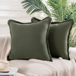 NEXHOME PRO Boho Throw Pillow Covers for Couch Set of 2 20"x20", Handmade Decorative Linen Pillow Covers Shams for Sofa, Living Room, Farmhouse Fringed Cushion Covers, Olive Green (NO Insert)