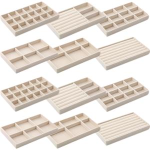 Inbagi 12 Pcs Small Velvet Jewelry Tray Stackable Jewelry Organizer Drawers Insert Divided Storage Display Trays for Earring Ring Brooch Watch Necklace Bracelet 8.3 x 5 x 1 Inches