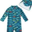 upandfast Baby/Toddler Swimsuit UPF 50+ Sun Protection One Piece Zipper Bathing Suit with Sun Hat Infant Beach Swimwear (3-6 Months, Peacock Blue Shark)