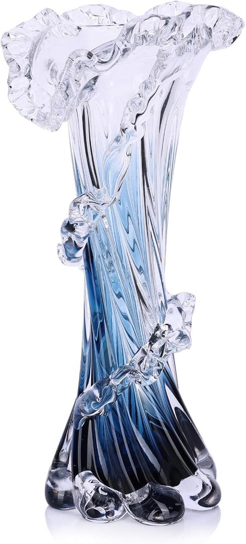 Hand Blown Blue Glass Vase, Unique Art Beautiful Ocean Glass Vase for Home Centerpiece, Coffee Table, Living Room, Office Decor - 11.8" H(Large)