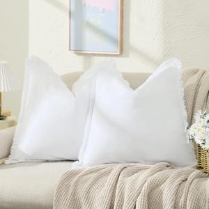 ZWJD Pillow Covers 18x18 Set of 2 White Throw Pillow Covers with Fringe Chic Cotton Decorative Pillows Square Cushion Covers for Sofa Couch Bed Living Room Farmhouse Boho Decor