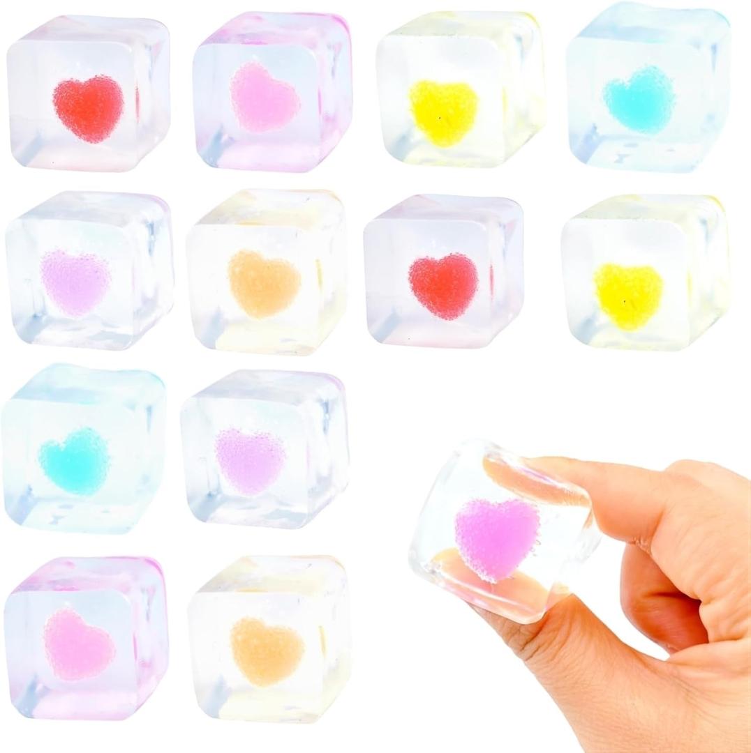 12 Pack Valentines Squishy Stress Cube Squeeze Toy, Sensory Stress Balls Fidget Toys for Adults Kids Class Valentine Day Card Gifts Bulk Valentine Party Favors