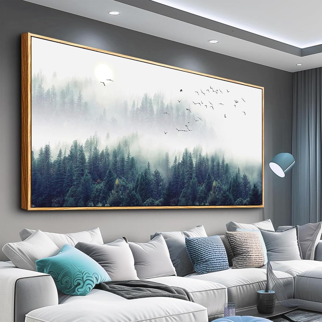 MHARTK66 Wood Framed Canvas Wall Art For Living Room Large Size Wall Decor For Bedroom Foggy Forest Trees Landscape Painting Wall Decorations Modern Home Decor Canvas Pictures Artwork 20" X 40"