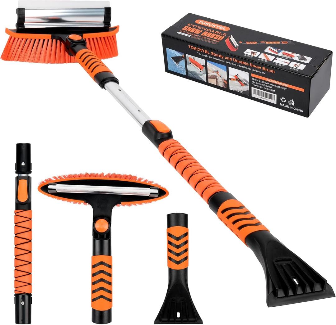 43" Ice Scraper for Car Windshield - 3-in-1 Extendable Snow Brush with 180 Pivot Head, Squeegee & Ergonomic Foam Grip for Christmas Car, SUV, Truck, Auto (Black/Orange)