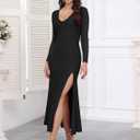 BWQ Women's 2025 Fall Long Sleeve Mesh Sheer Dress Bodycon Split Cocktail Wedding Guest Maxi Dresses (L)