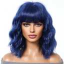 MAGQOO Blue Wigs for Women Navy Blue Bob Wigs with Bangs Shoulder Length Curly Wavy Dark Blue Wigs for Girls Costume Cosplay Halloween Wigs with Wig Cap