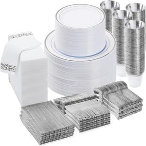 700 PCS Disposable Silver Plates and Silverware Set for 100 Guests