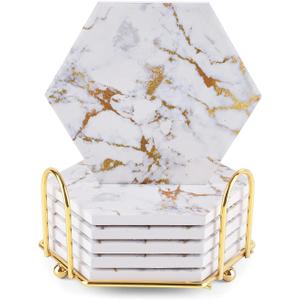 Marble Gold Coasters for Drinks Absorbent with Cork Base, 6pcs Drink Coasters for Wooden Table with Metal Holder, Gold Ceramic Cup Coaster Set Home Decor for Tabletop Protection