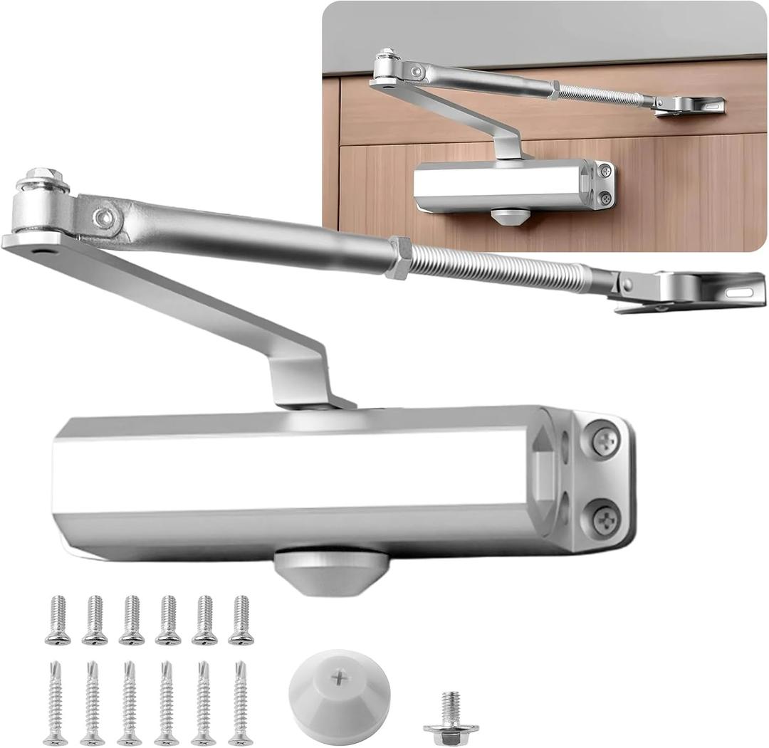 Heavy Duty Automatic Door Closer for 143-187 lbs Door, Commercial Grade Hydraulic Door Closer Adjustable Speed and Hold Open, Size 3 Spring, Sprayed Aluminum - Silver