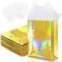 MIMIND 24 Pack Iridescent Paper Gift Bags with Handles Holographic Party Favor Bags with Tissue Paper 8.7 x 6.3 x 3.1 Inch Glitter Gold Foil Goodie Candy Bag for Wedding Baby Shower Birthday Party (Medium)