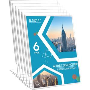 Acrylic Sign Holder 6 Pack 8.5x11 Slant Back Acrylic Stands for Display Plexiglass Clear Acrylic Display Stands for Ad Frame, Picture Photo Frames, Promotions, Restaurants, Office, Store, Home