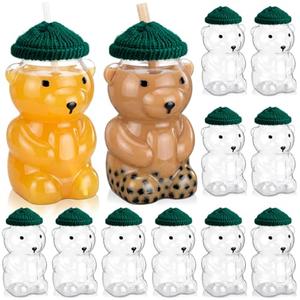 Willinglong 12 Pcs 15 oz Bear Cups Cute Clear Bear Plastic Bottle Mug with Lid and Mini Knit Hat for Juice Milk Tea Beverage Birthday Wedding Party Favors(Straw Not Included) (Green)