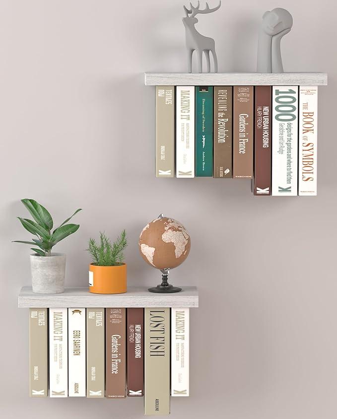 Tohiasen Floating Book Shelves for Wall Mounted Set of 2, Wood Hanging Bookshelf, Book Display Shelf for Wall, Unique Space Saving Book Shelf Wall Book Holder (White)