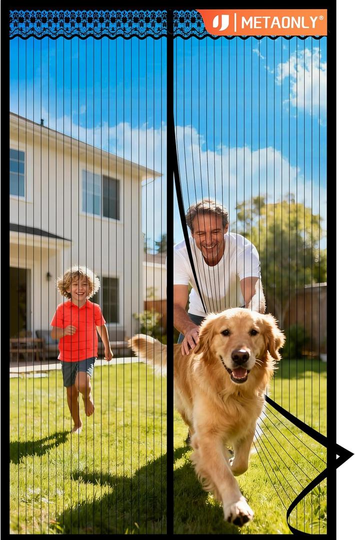 METAONLY Magnetic Screen Door Mesh Fits 36" x 80" Door - Curtain Size 38" x 82", Works for Patio, Sliding Door, Keeps Bug Mosquito Out, Fresh Air Flow, Black with Lace